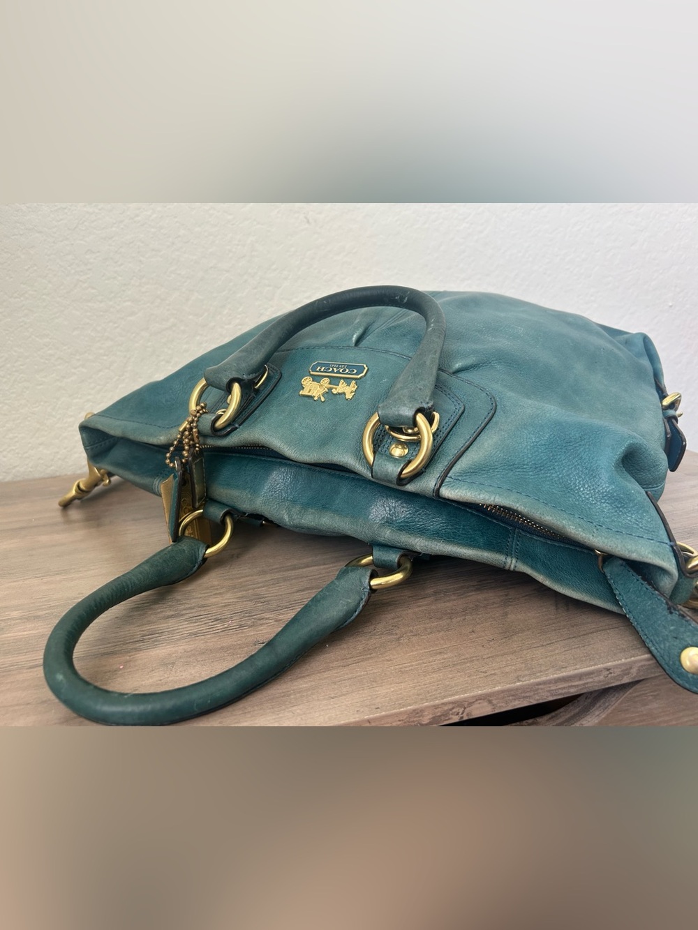Coach Madison Leather Julianne Tote Teal and Gold Shoulder Bag Purse Handbag - Picture 8 of 12